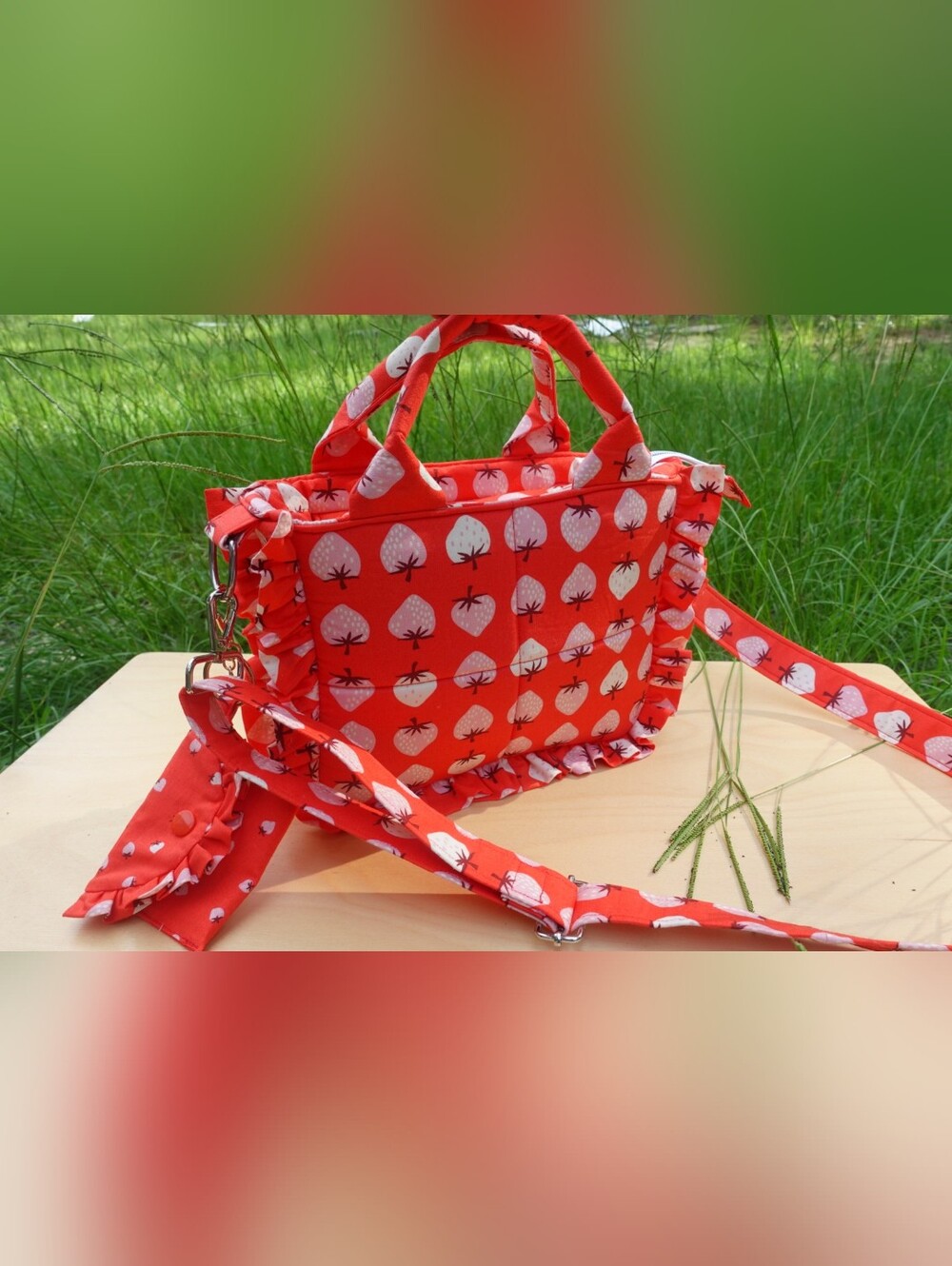 Amélie Red Strawberry-Print Mini Tote Bag with Ruffle Trim